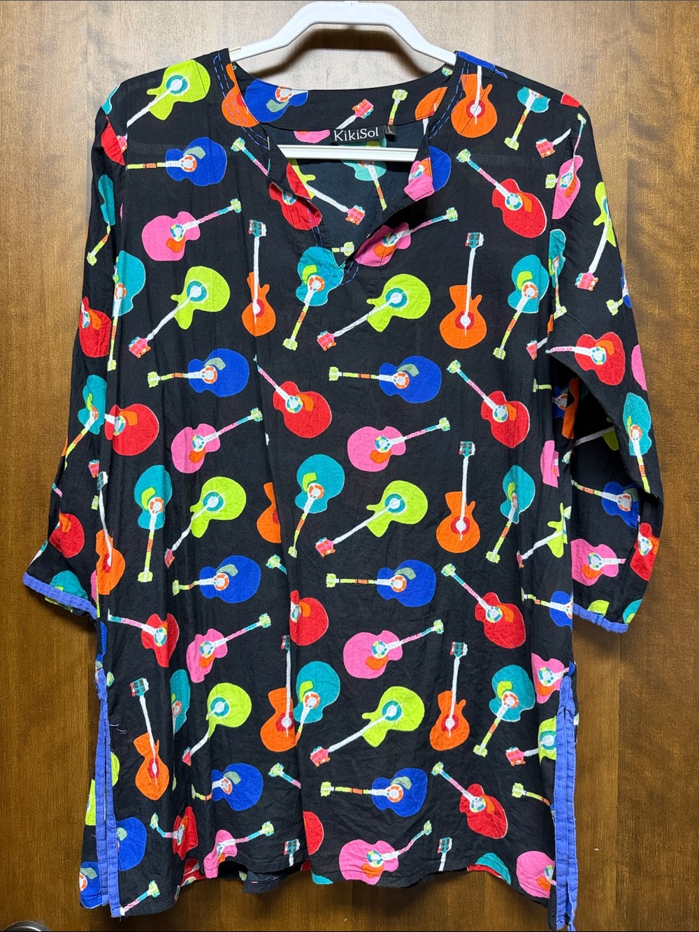 Kikisol Cotton India Black Tunic Top with Multicolor Guitar Print